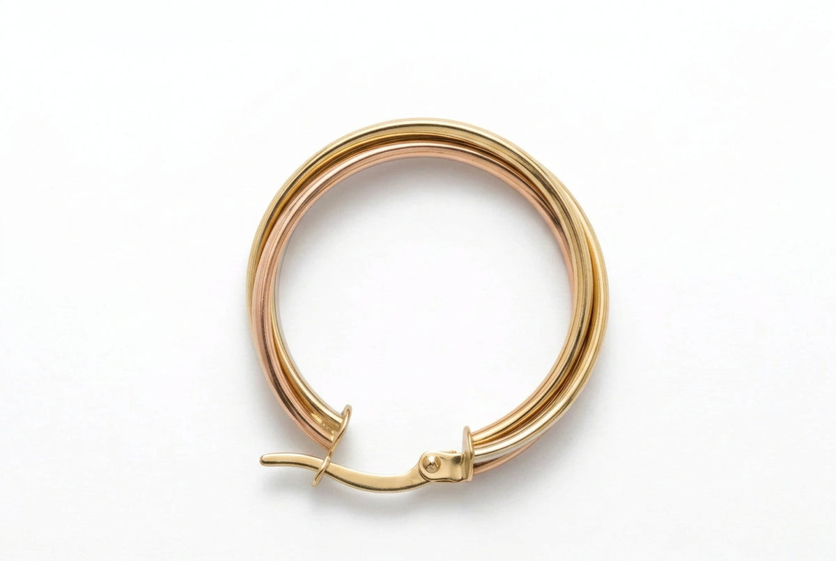 Ogden Of Harrogate Jewellery A Three Coloured Twisted Hoop Earrings in 9ct Yellow, White and Rose Gold