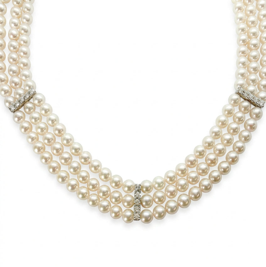 Ogden Of Harrogate Jewellery A Three Row Pearl Choker Style Necklace With three Diamond Set Spacers