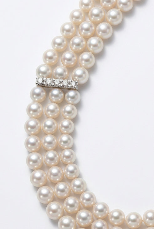Ogden Of Harrogate Jewellery A Three Row Pearl Choker Style Necklace With three Diamond Set Spacers