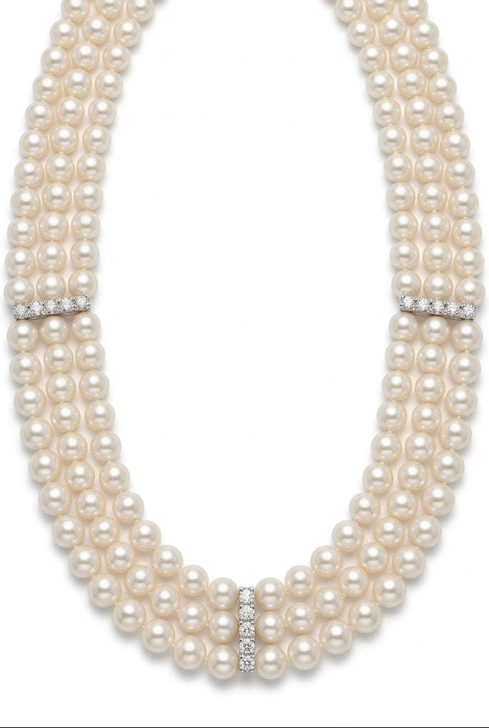 Ogden Of Harrogate Jewellery A Three Row Pearl Choker Style Necklace With three Diamond Set Spacers