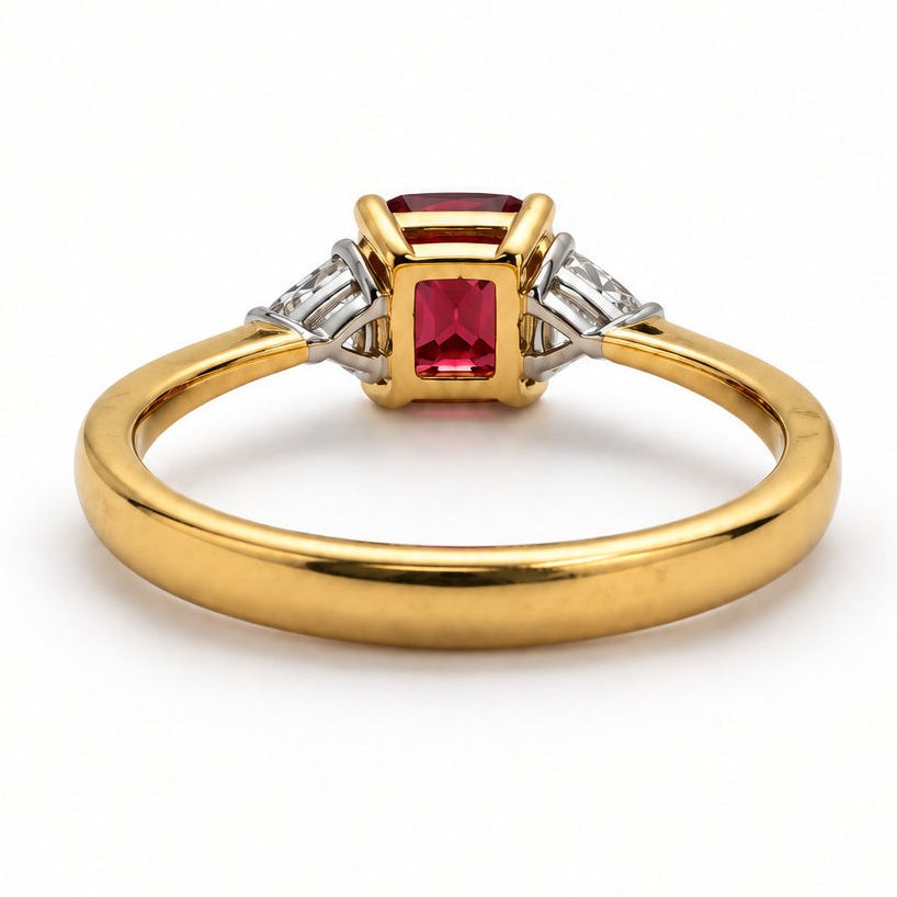 Ogden Of Harrogate Jewellery Burmese Red Spinel and Diamond Three-stone Ring, 18CT Yellow/White gold
