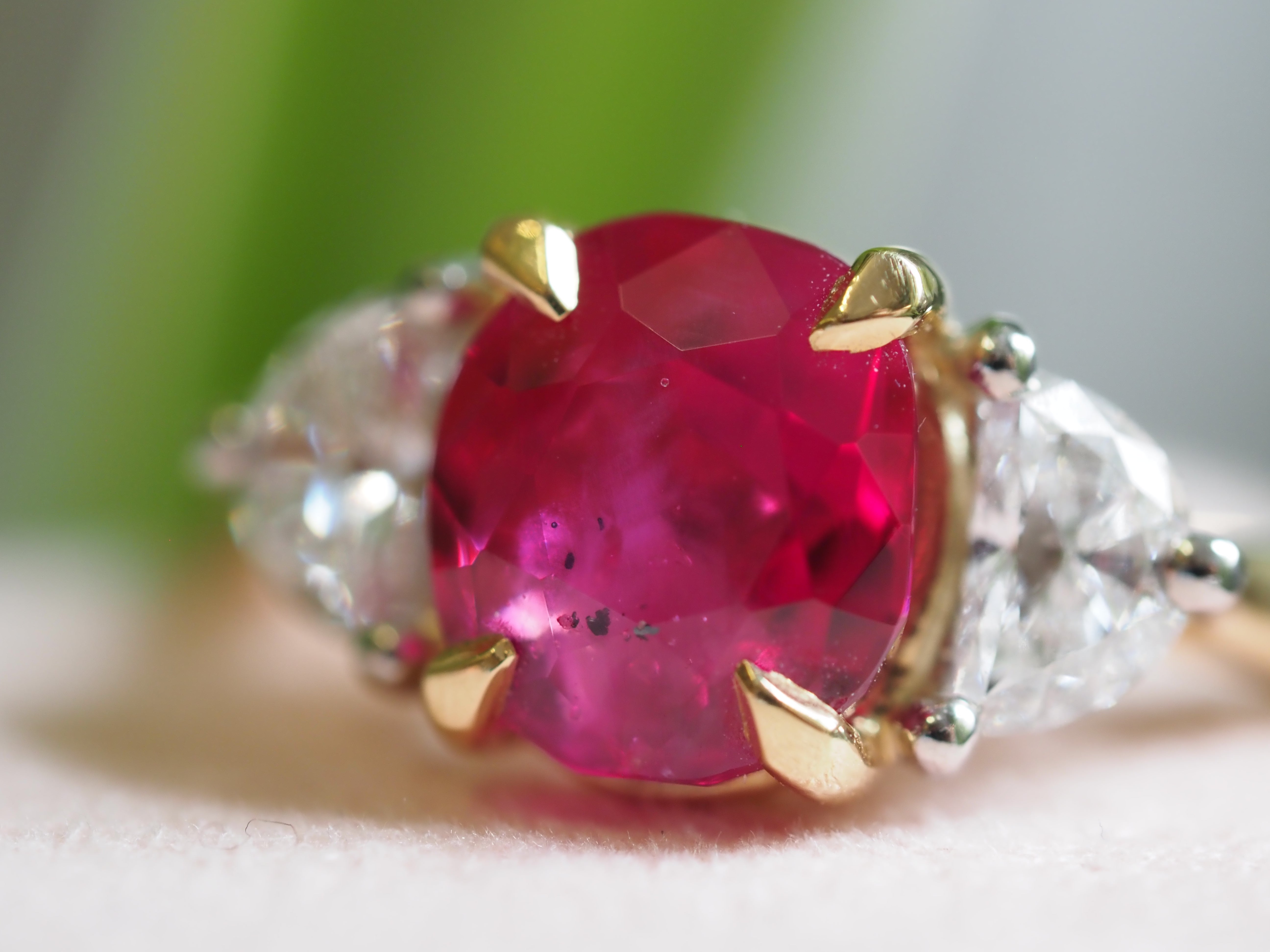 Ogden of Harrogate Jewellery Burmese Ruby and Diamond Three-Stone Ring in 18ct Yellow Gold
