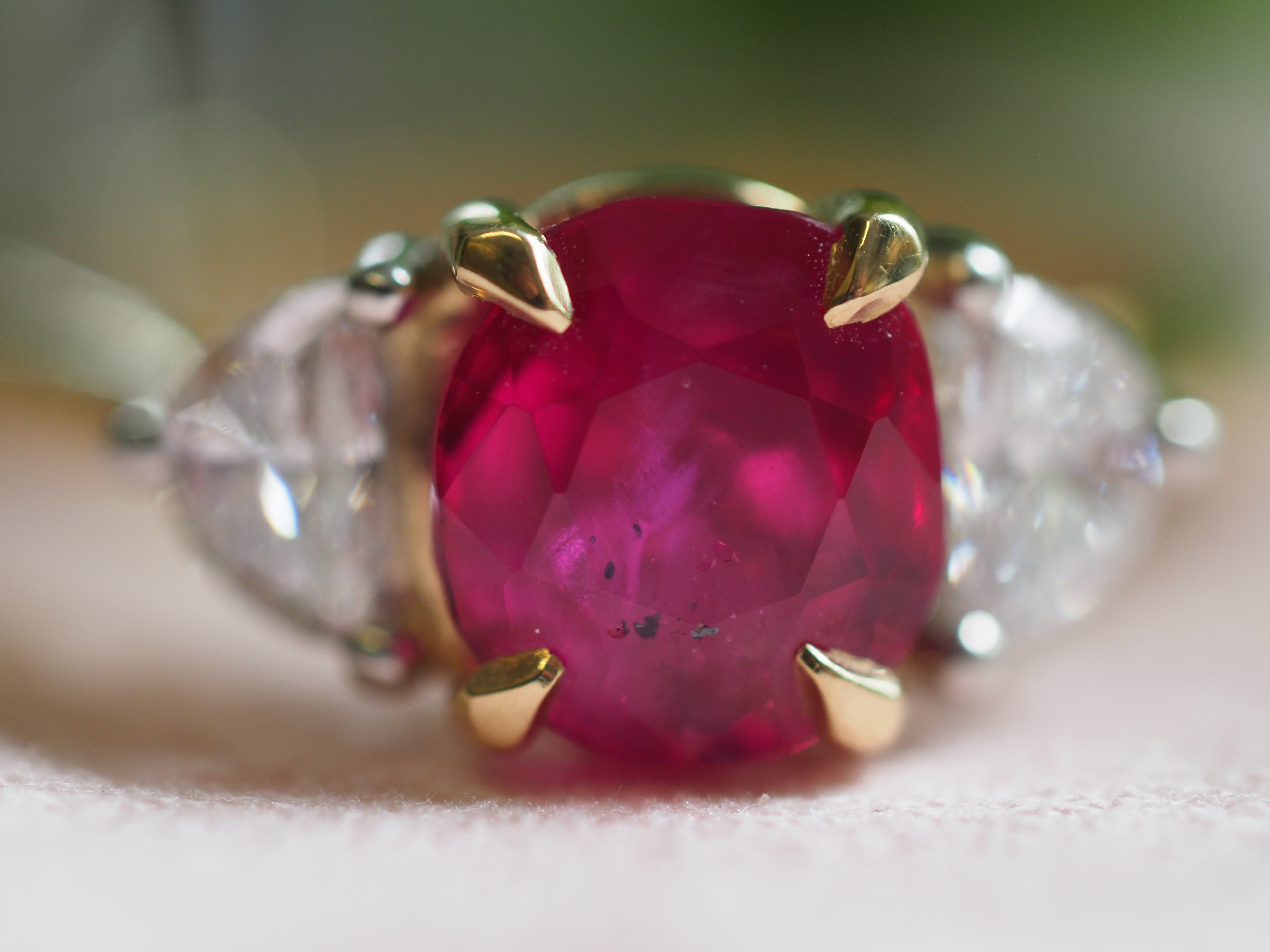 Ogden of Harrogate Jewellery Burmese Ruby and Diamond Three-Stone Ring in 18ct Yellow Gold