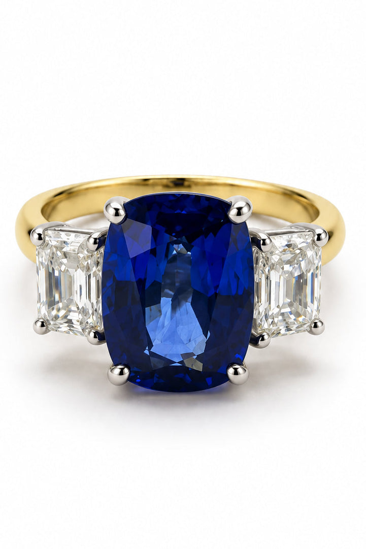Ogden Of Harrogate Jewellery Cushion-Cut Sapphire and Diamond Three Stone Ring, 18ct Yellow Gold