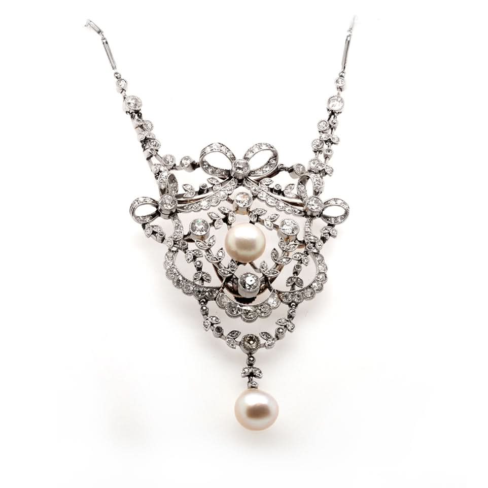 Ogden of Harrogate Jewellery Diamond and Pearl Pendant on Platinum Chain C.1905