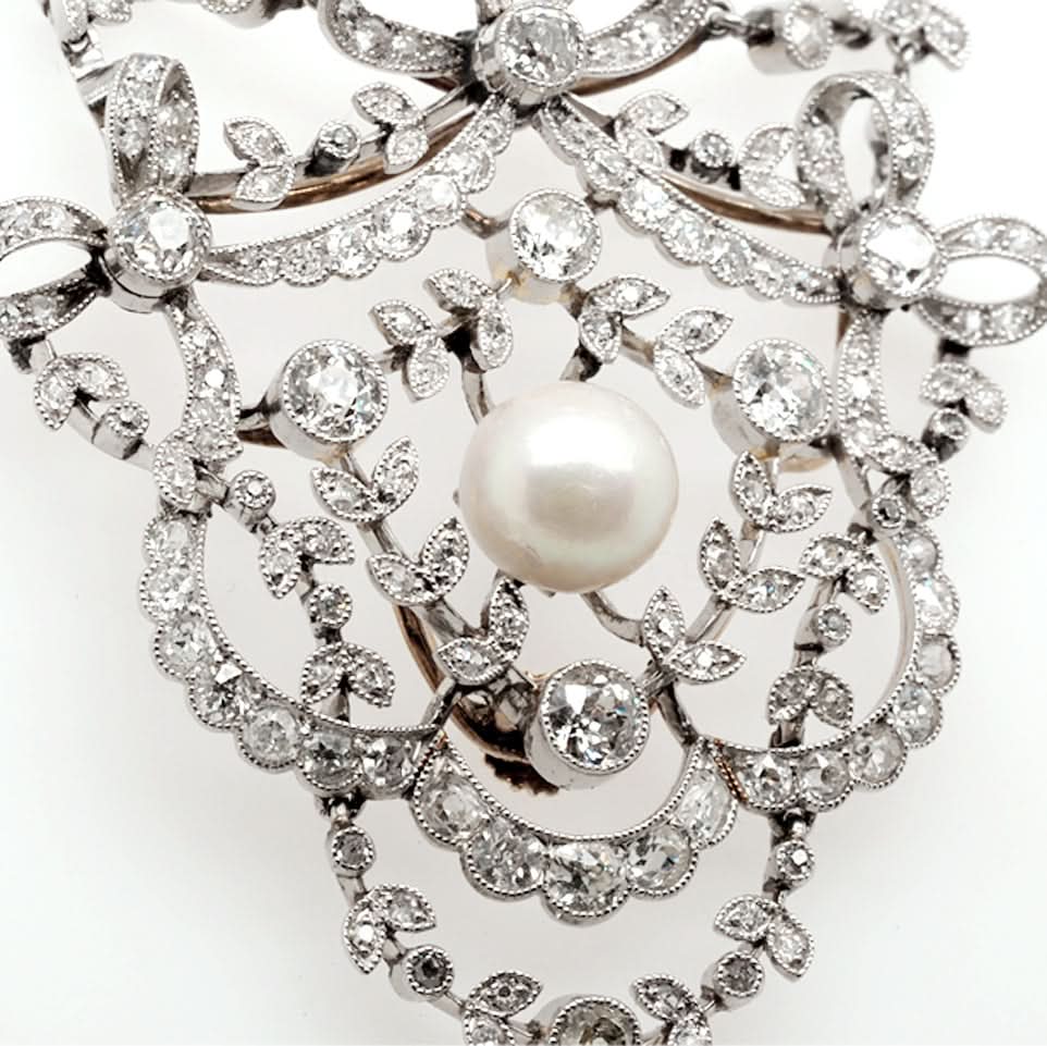 Ogden of Harrogate Jewellery Diamond and Pearl Pendant on Platinum Chain C.1905