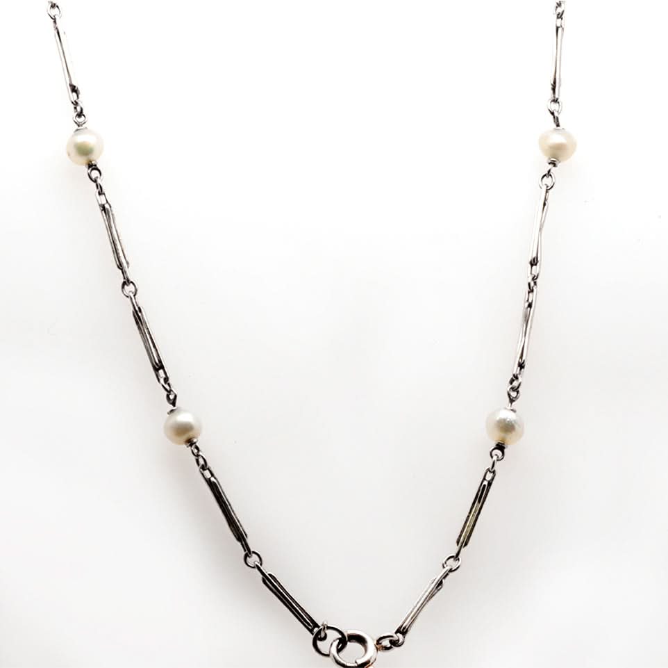 Ogden of Harrogate Jewellery Diamond and Pearl Pendant on Platinum Chain C.1905