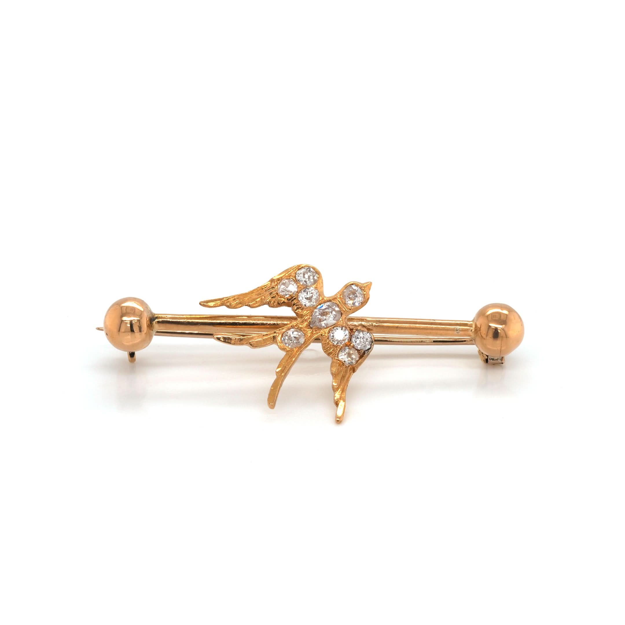 Ogden of Harrogate Jewellery Edwardian 15ct Yellow Gold Diamond Swallow Bar Brooch
