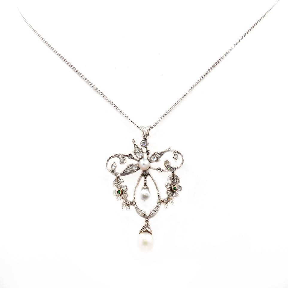 Ogden of Harrogate Jewellery Edwardian Platinum, Pearl, Emerald and Diamond Brooch / Pendant