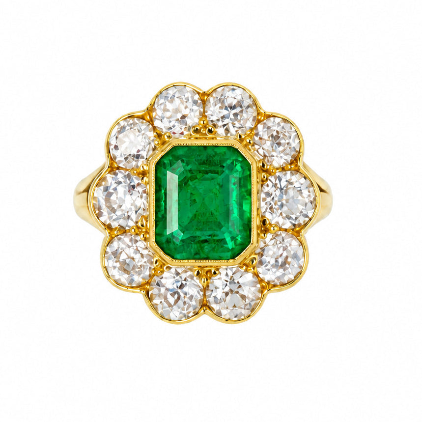 Ogden Of Harrogate Jewellery Emerald and Diamond Cluster Ring