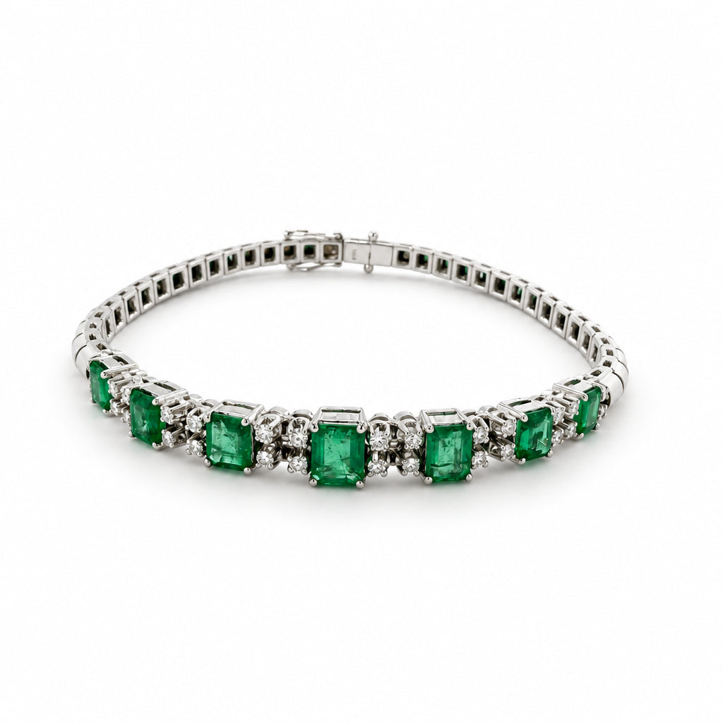 Ogden Of Harrogate Jewellery Emerald and Diamond Line Bracelet, 18CT White Gold