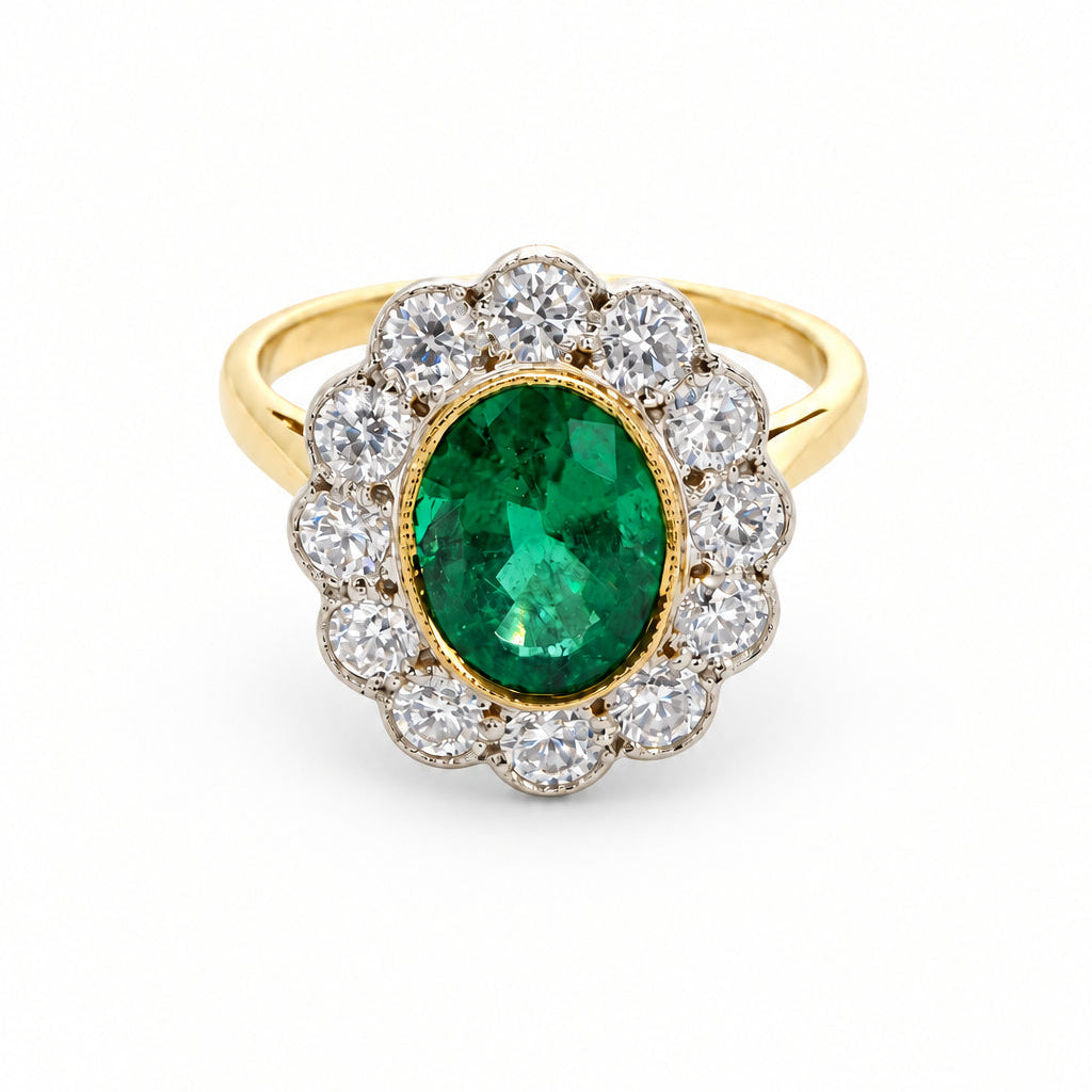 Ogden Of Harrogate Jewellery Emerald and Diamond Oval Cluster Ring, 18CT Yellow Gold