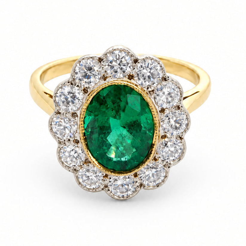 Ogden Of Harrogate Jewellery Emerald and Diamond Oval Cluster Ring, 18CT Yellow Gold