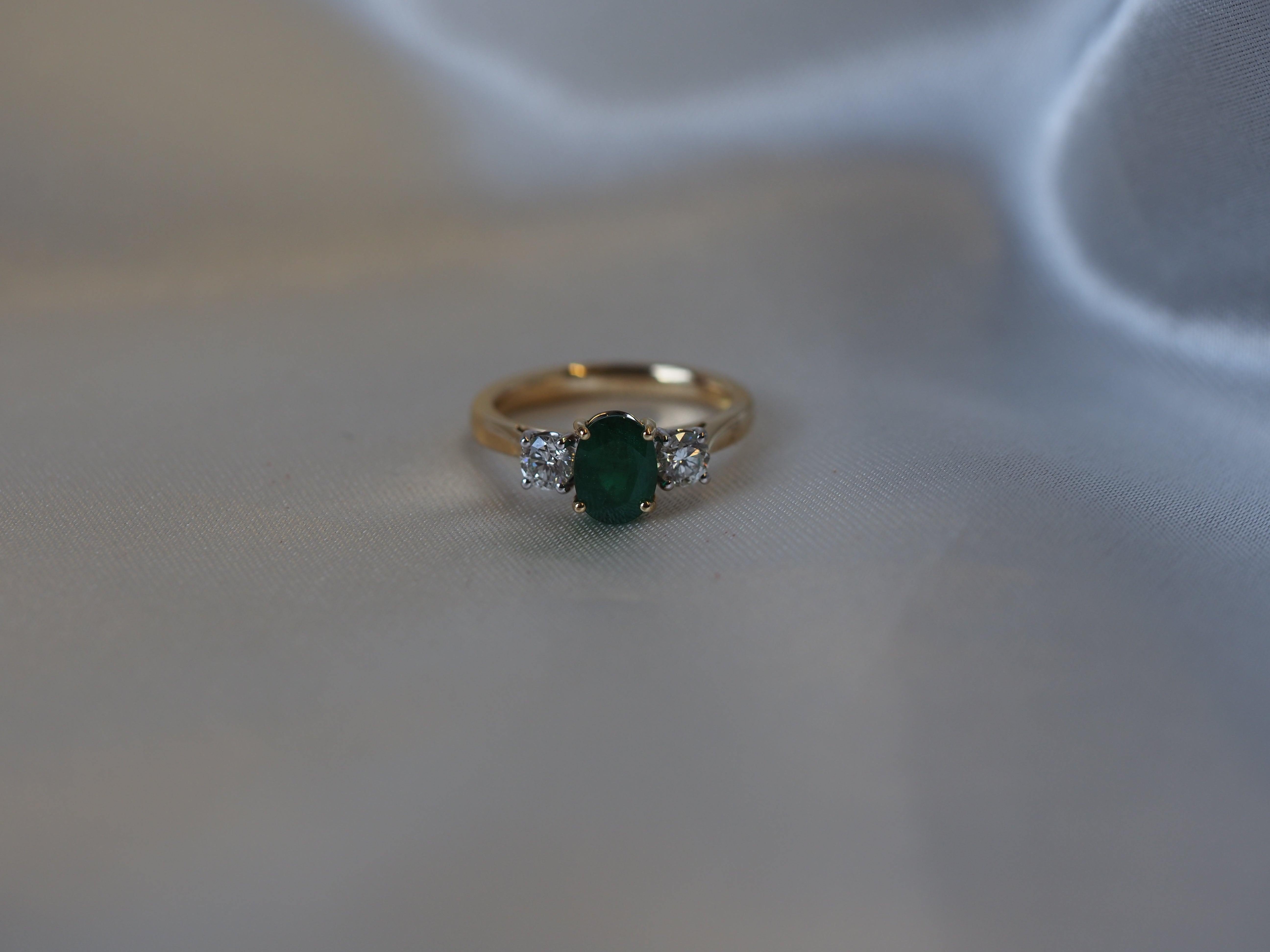 Ogden Of Harrogate Jewellery Emerald and Diamond Three-Stone Ring in 18ct Yellow Gold