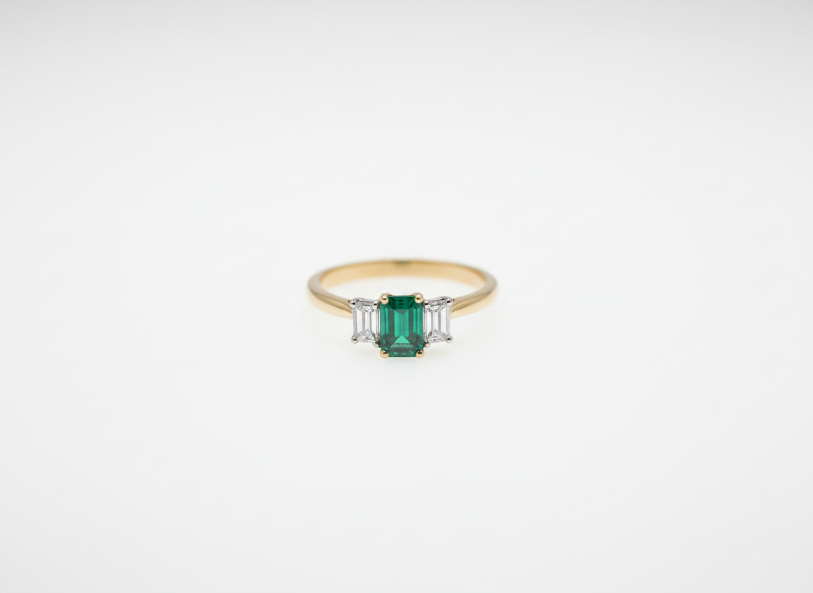 Ogden of Harrogate Jewellery Emerald and Diamond Three-Stone Ring in 18ct Yellow Gold
