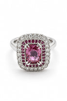 Ogden Of Harrogate Jewellery Fancy Pink Sapphire and Diamond Cluster Ring. Platinum Set