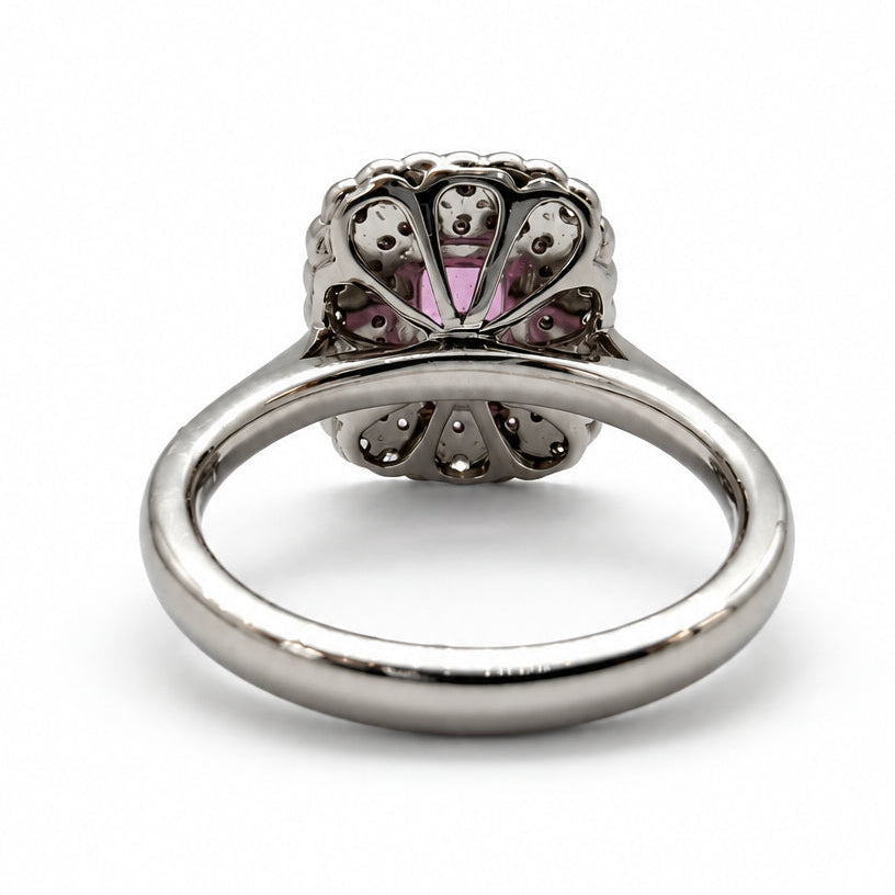 Ogden Of Harrogate Jewellery Fancy Pink Sapphire and Diamond Cluster Ring. Platinum Set
