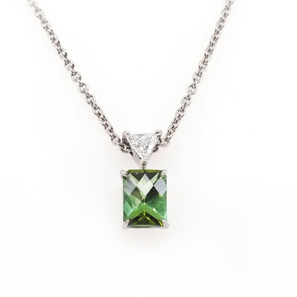 Ogden of Harrogate Jewellery Green Tourmaline & Diamond Pendant on Platinum Chain – Elegant Drop Design