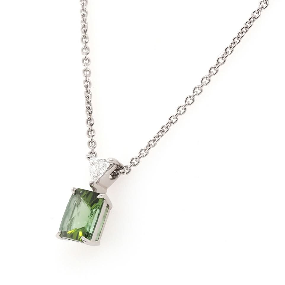 Ogden of Harrogate Jewellery Green Tourmaline & Diamond Pendant on Platinum Chain – Elegant Drop Design
