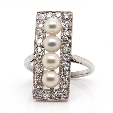 Ogden of Harrogate Jewellery Natural Pearl and Diamond Art Deco Plaque Ring