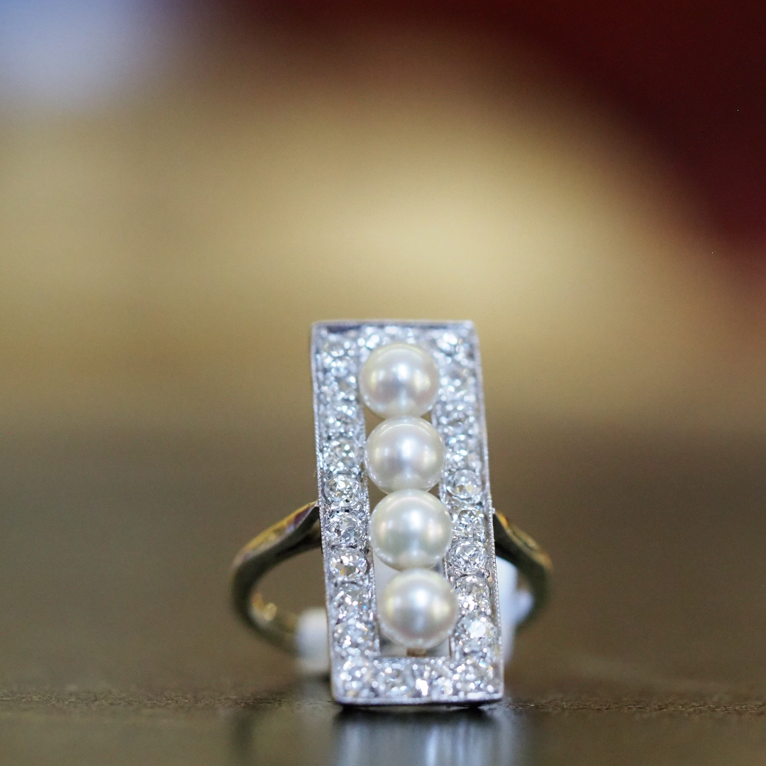 Ogden of Harrogate Jewellery Natural Pearl and Diamond Art Deco Ring