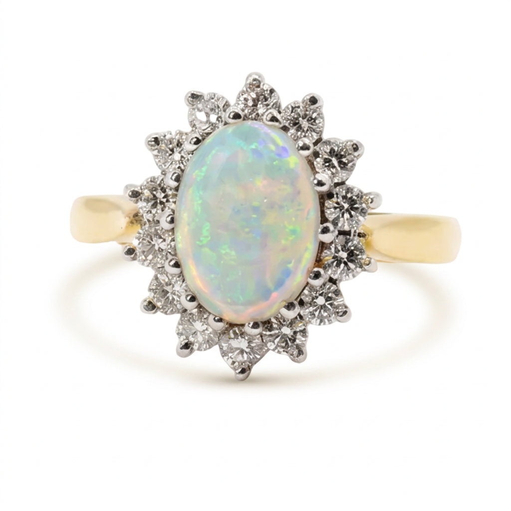 Ogden Of Harrogate Jewellery Oval Opal and Diamond Cluster Ring in 18ct Yellow Gold