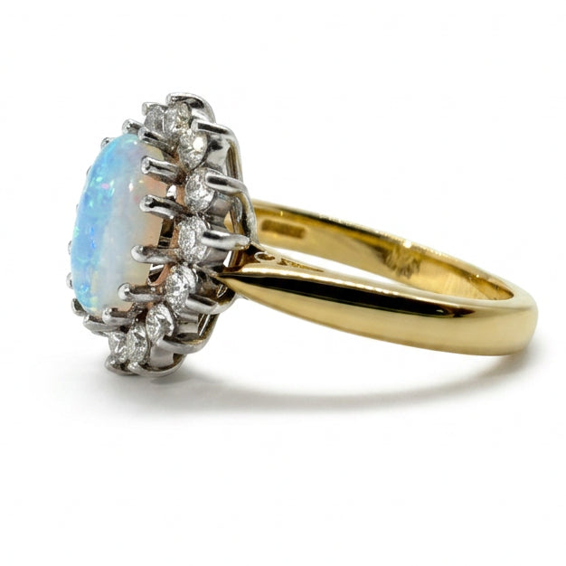 Ogden Of Harrogate Jewellery Oval Opal and Diamond Cluster Ring in 18ct Yellow Gold