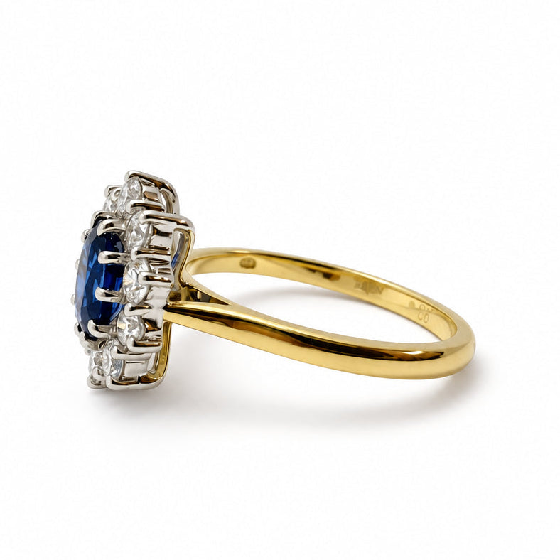 Ogden Of Harrogate Jewellery Oval Sapphire and Diamond Cluster Ring, 18ct Yellow Gold