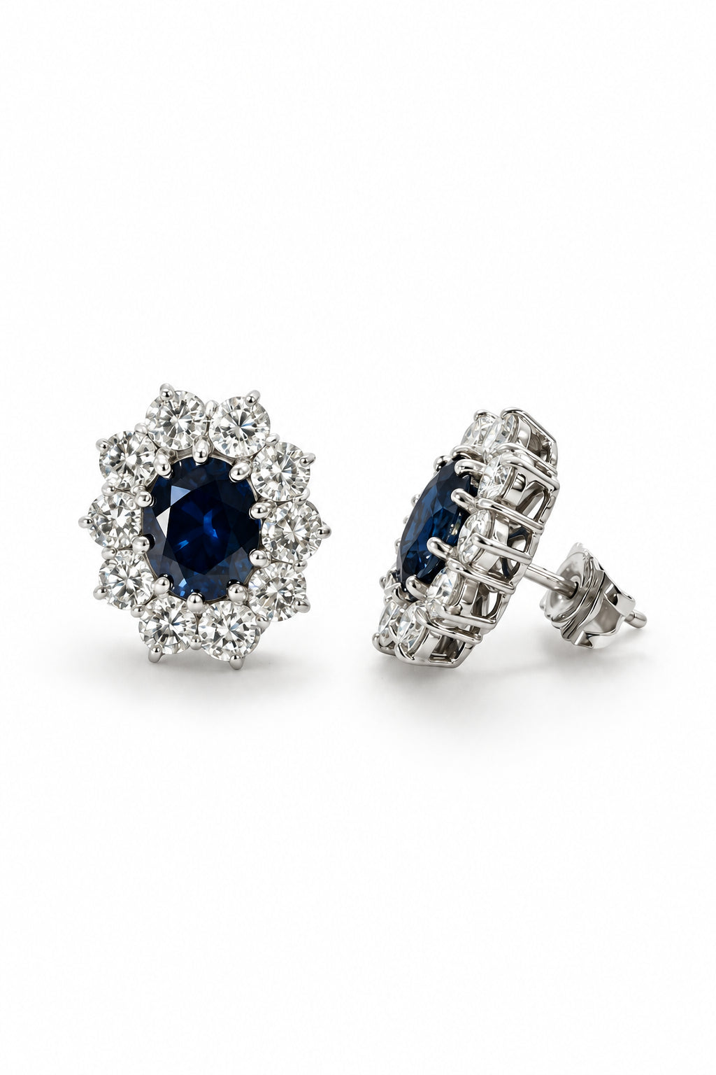Ogden Of Harrogate Jewellery Pair of Diamond and Sapphire Oval Cluster Earrings, 18CT White Gold