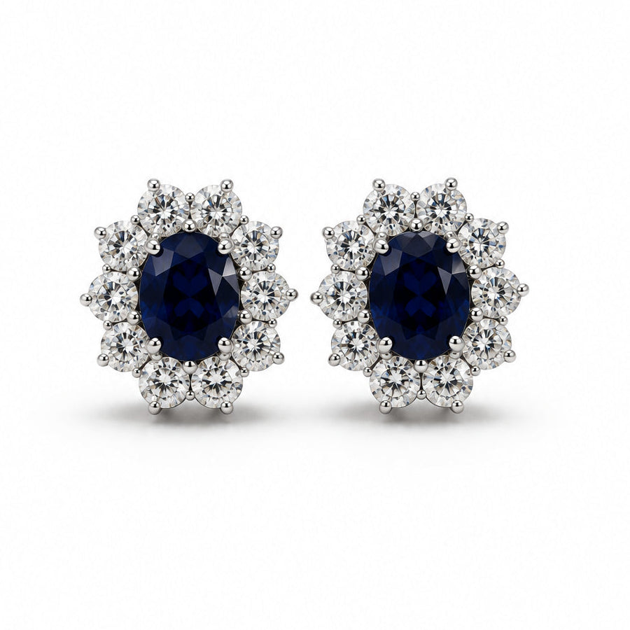 Ogden Of Harrogate Jewellery Pair of Diamond and Sapphire Oval Cluster Earrings, 18CT White Gold