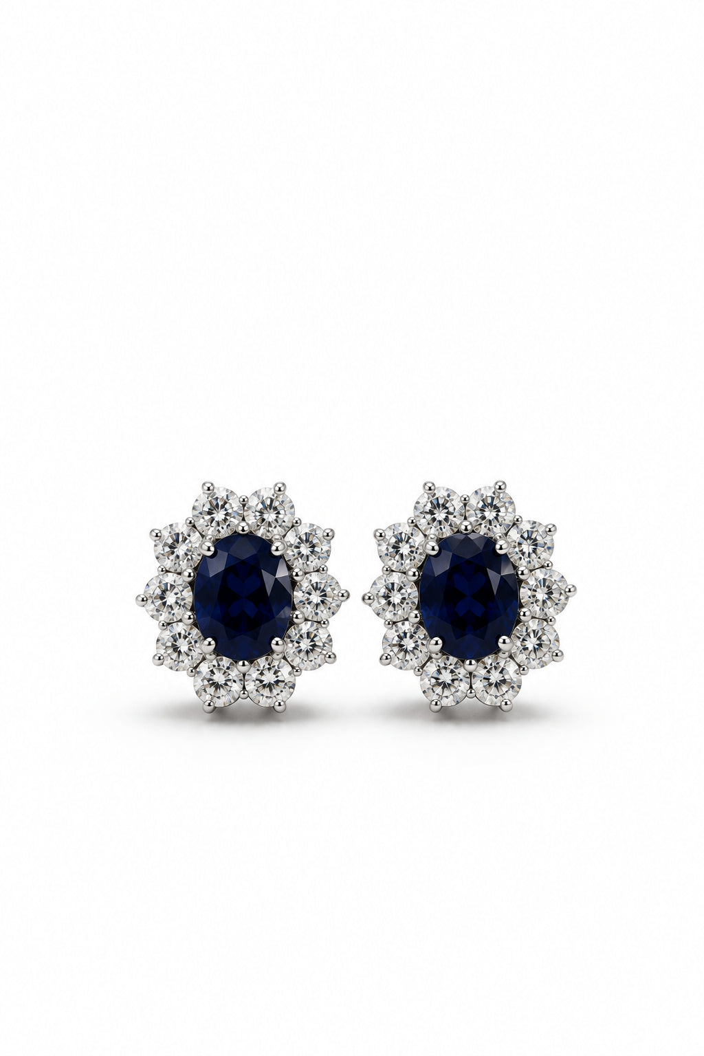 Ogden Of Harrogate Jewellery Pair of Diamond and Sapphire Oval Cluster Earrings, 18CT White Gold