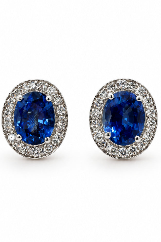 Ogden Of Harrogate Jewellery Pair Of Oval Sapphire and Diamond Earrings, 18ct White Gold