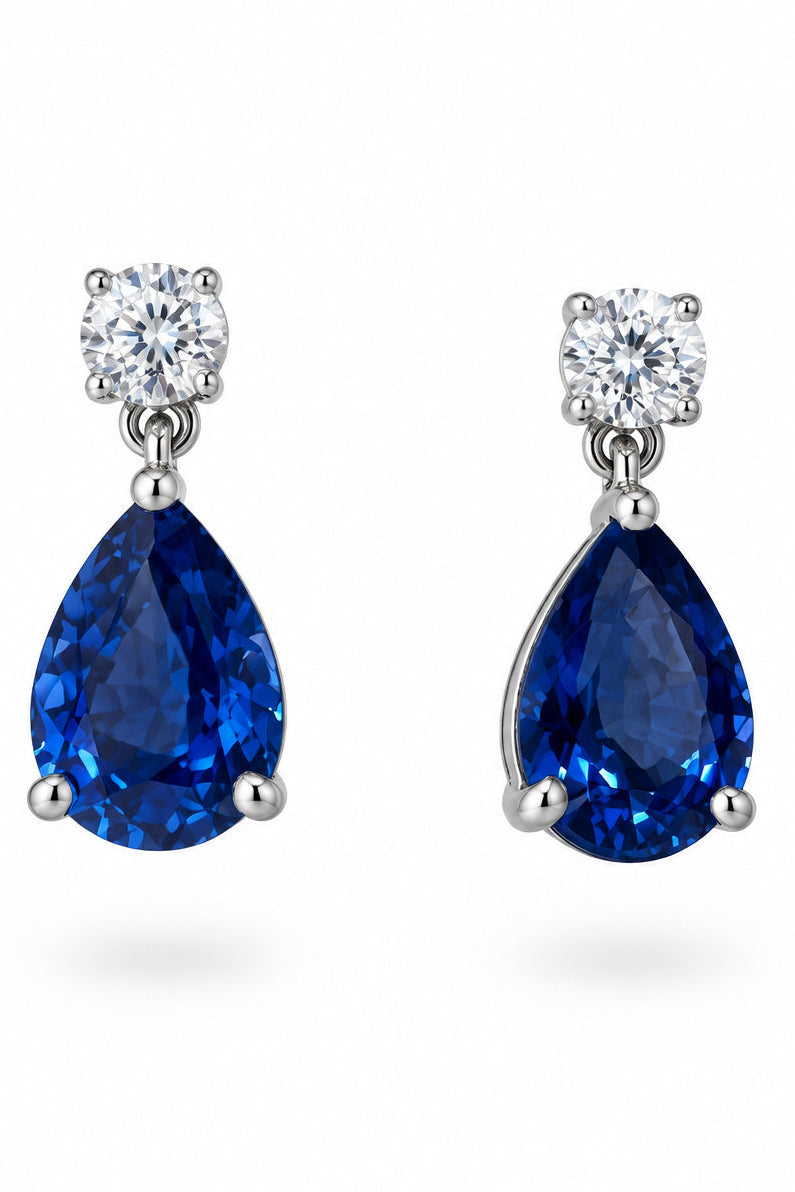 Ogden Of Harrogate Jewellery Pear Shaped Sapphire and Diamond Drop Earrings, 18ct White Gold