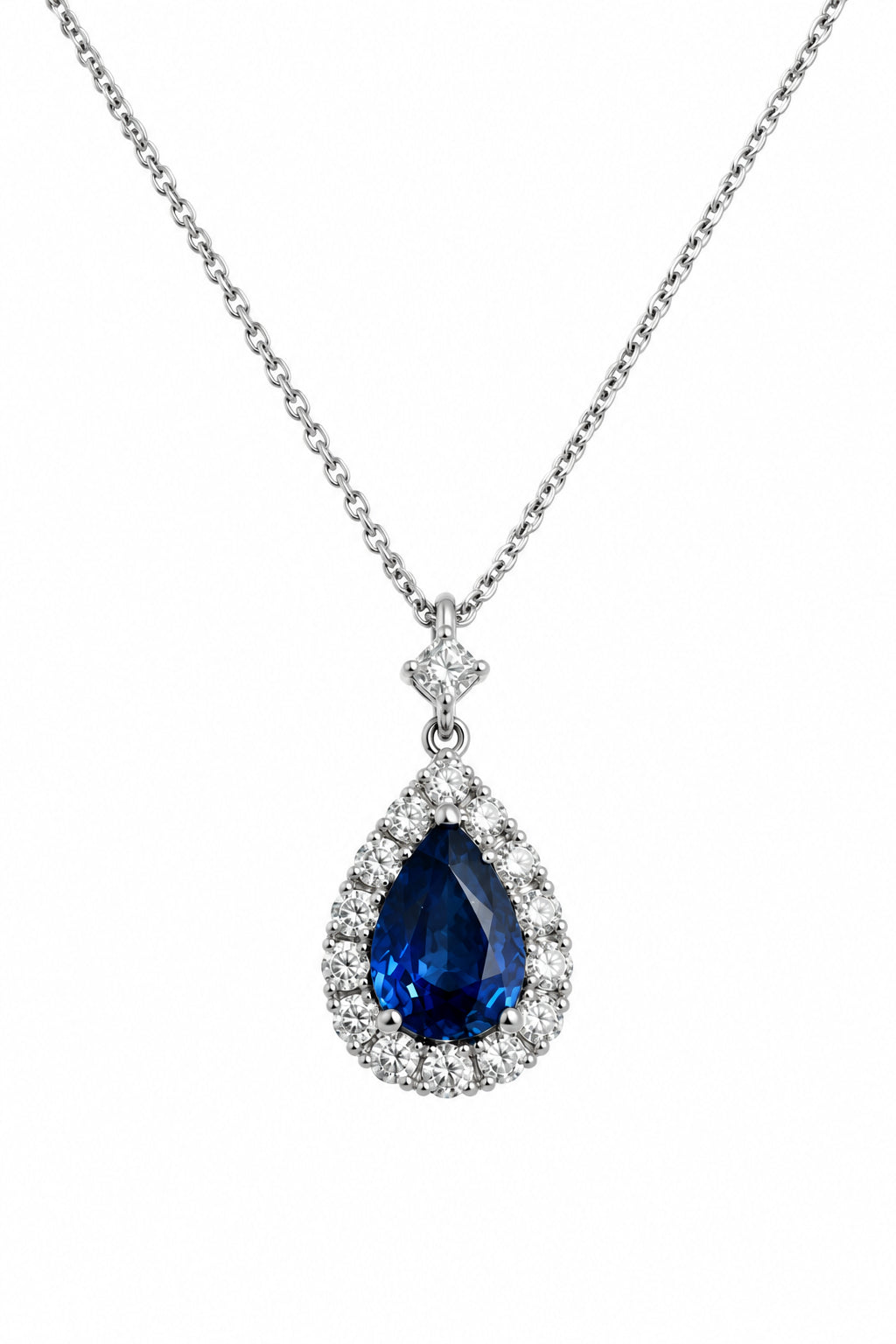 Ogden Of Harrogate Jewellery Pear Shaped Sapphire and Diamond Surround Cluster Pendant and Chain, 18ct White Gold