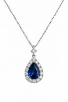 Ogden Of Harrogate Jewellery Pear Shaped Sapphire and Diamond Surround Cluster Pendant and Chain, 18ct White Gold