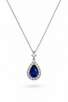 Ogden Of Harrogate Jewellery Pear Shaped Sapphire and Diamond Surround Cluster Pendant and Chain, 18ct White Gold