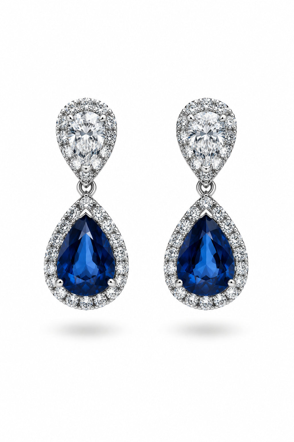 Ogden Of Harrogate Jewellery Pear Shaped Sapphire and Diamond Surround Drop Earrings, 18ct White Gold
