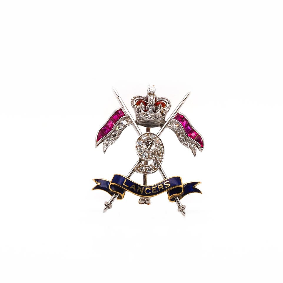 Ogden of Harrogate Jewellery Platinum and Gold 9th Royal Lancers Brooch – Set with Diamonds and Rubies