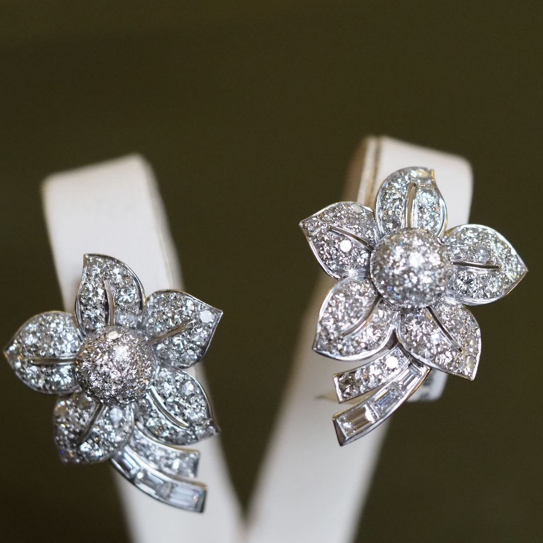 Ogden of Harrogate Jewellery Platinum Diamond 3.80ct Pave Earrings c.1950
