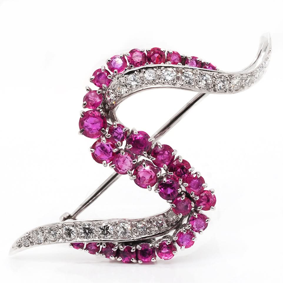 Ogden of Harrogate Jewellery Platinum Diamond and Ruby Swirl Brooch | Vintage c.1950
