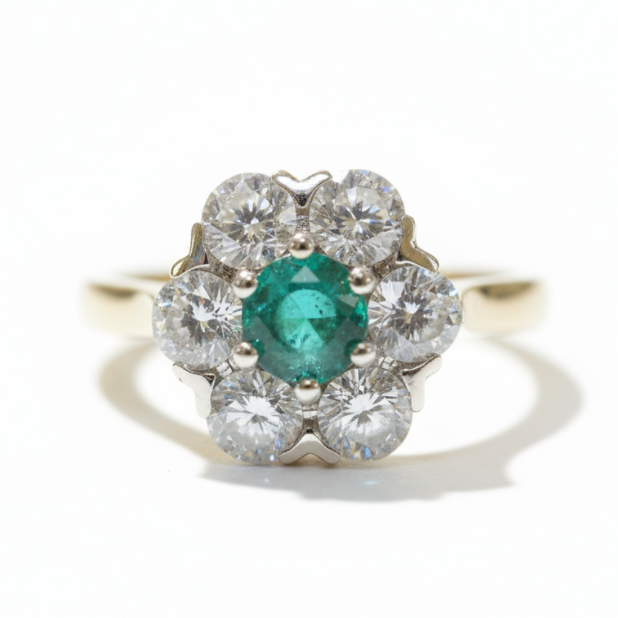 Ogden of Harrogate Jewellery Platinum Emerald and Diamond Cluster Ring
