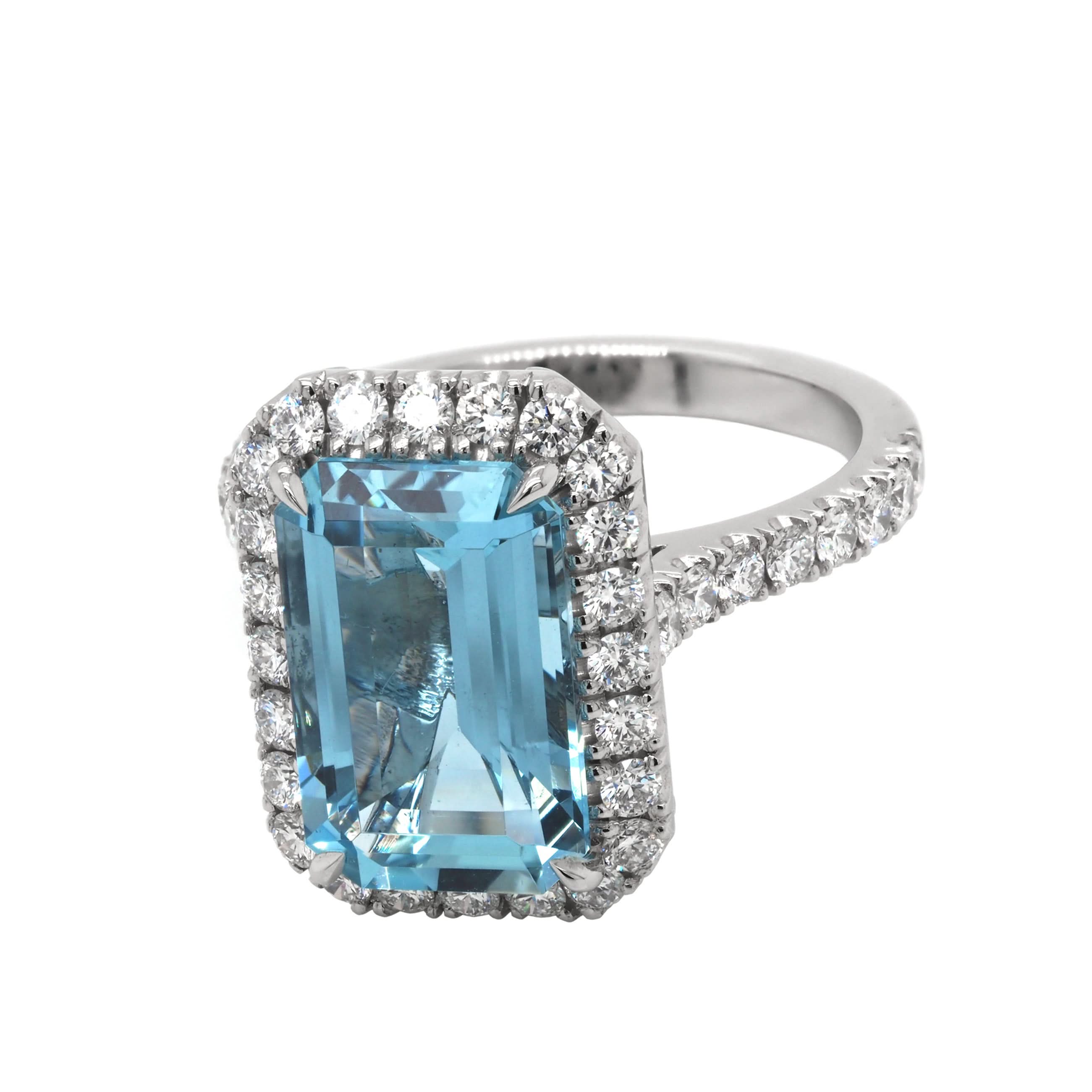 Ogden of Harrogate Jewellery Platinum Emerald-Cut Aquamarine and Diamond Cluster Ring