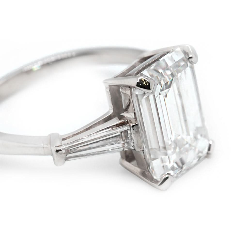 Ogden of Harrogate Jewellery Platinum Emerald-Cut Diamond Ring With Tapered Baguette Shoulders, GIA Cert. 5.13cts D VS2