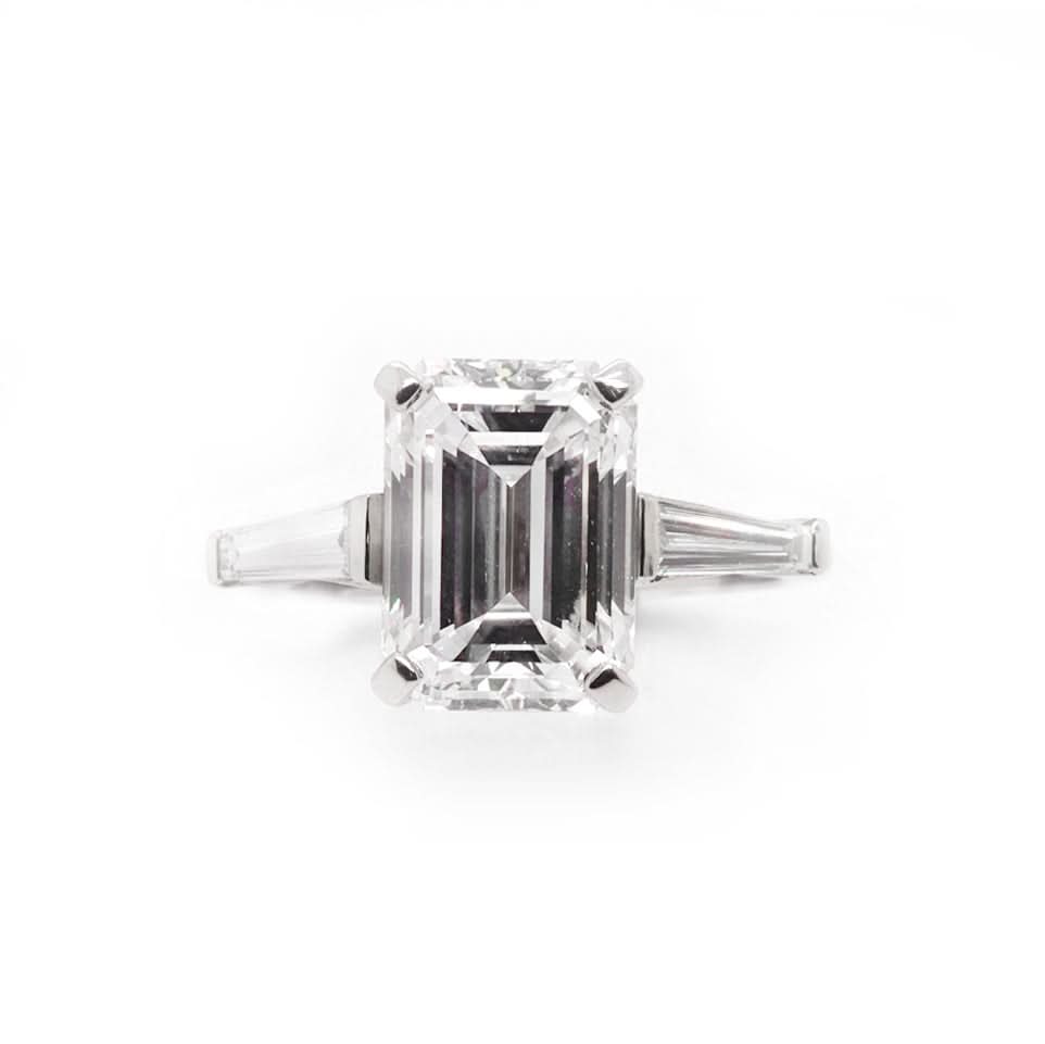 Ogden of Harrogate Jewellery Platinum Emerald-Cut Diamond Ring With Tapered Baguette Shoulders, GIA Cert. 5.13cts D VS2