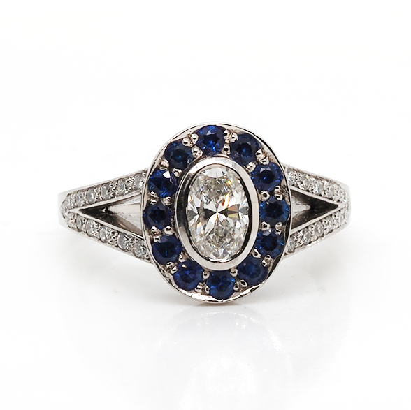 Ogden of Harrogate Jewellery Platinum Oval Diamond, Sapphire Halo & Diamond Shoulder Cluster Ring