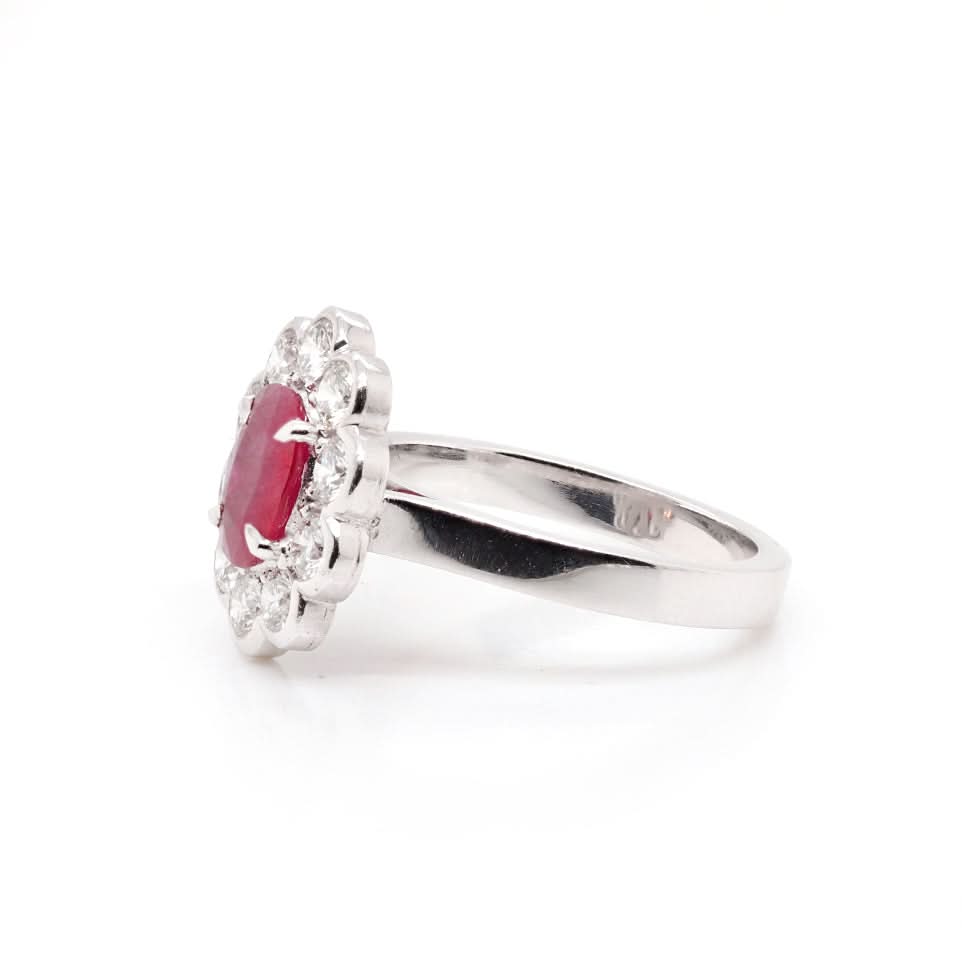 Ogden of Harrogate Jewellery Platinum Oval Ruby and Diamond Cluster Ring