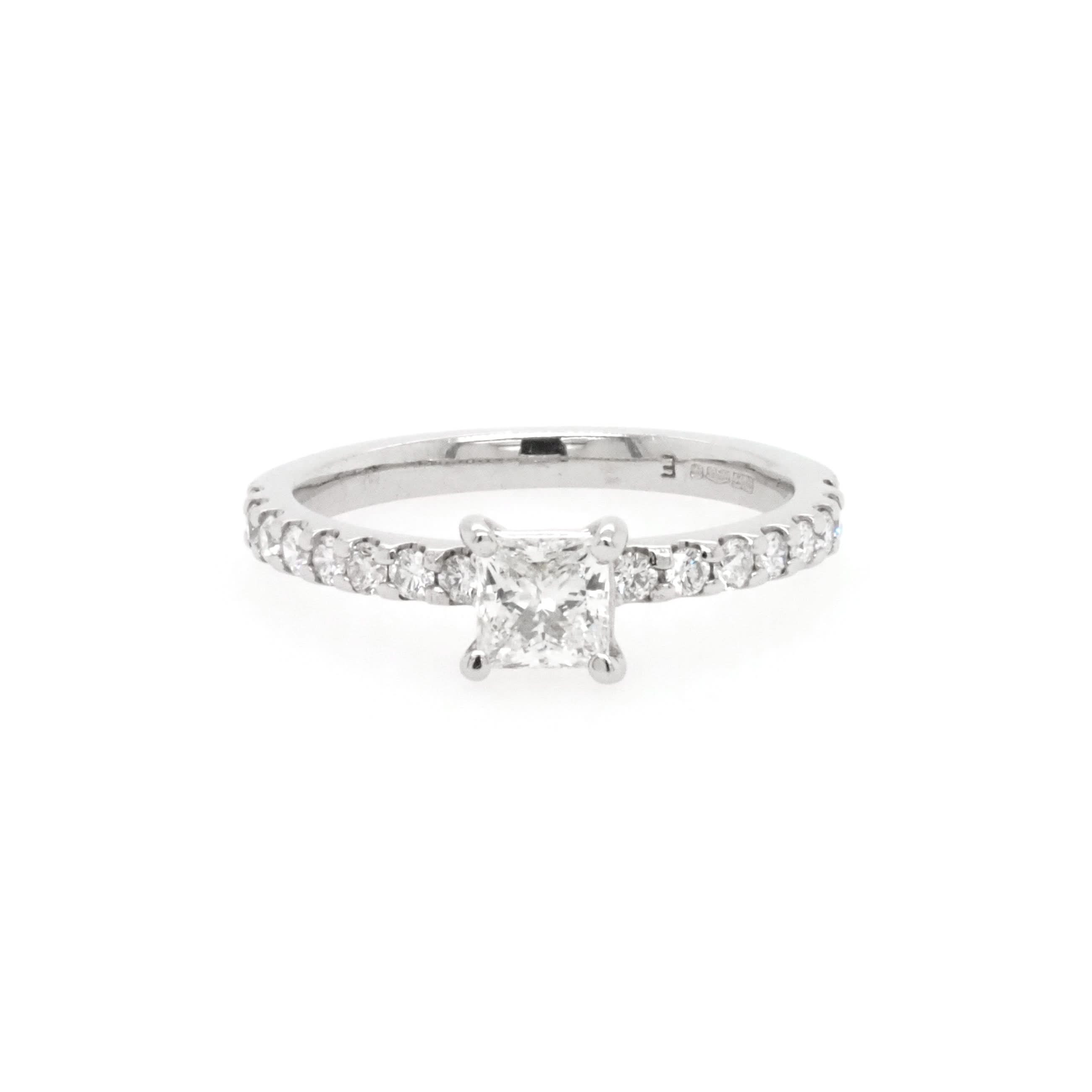 Ogden of Harrogate Jewellery Platinum Princess-Cut Diamond Ring with Diamond-Set Shoulders