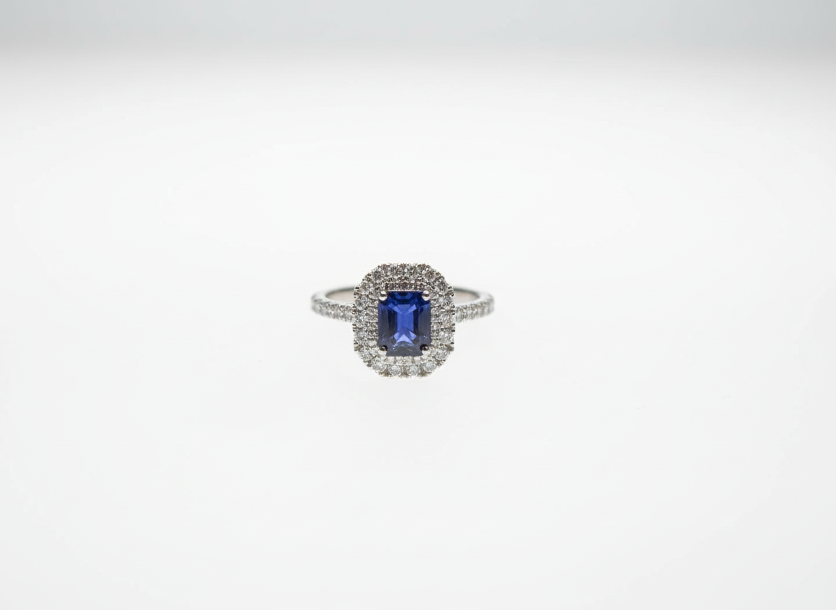 Ogden of Harrogate Jewellery Platinum Sapphire and Diamond Double-Halo Ring