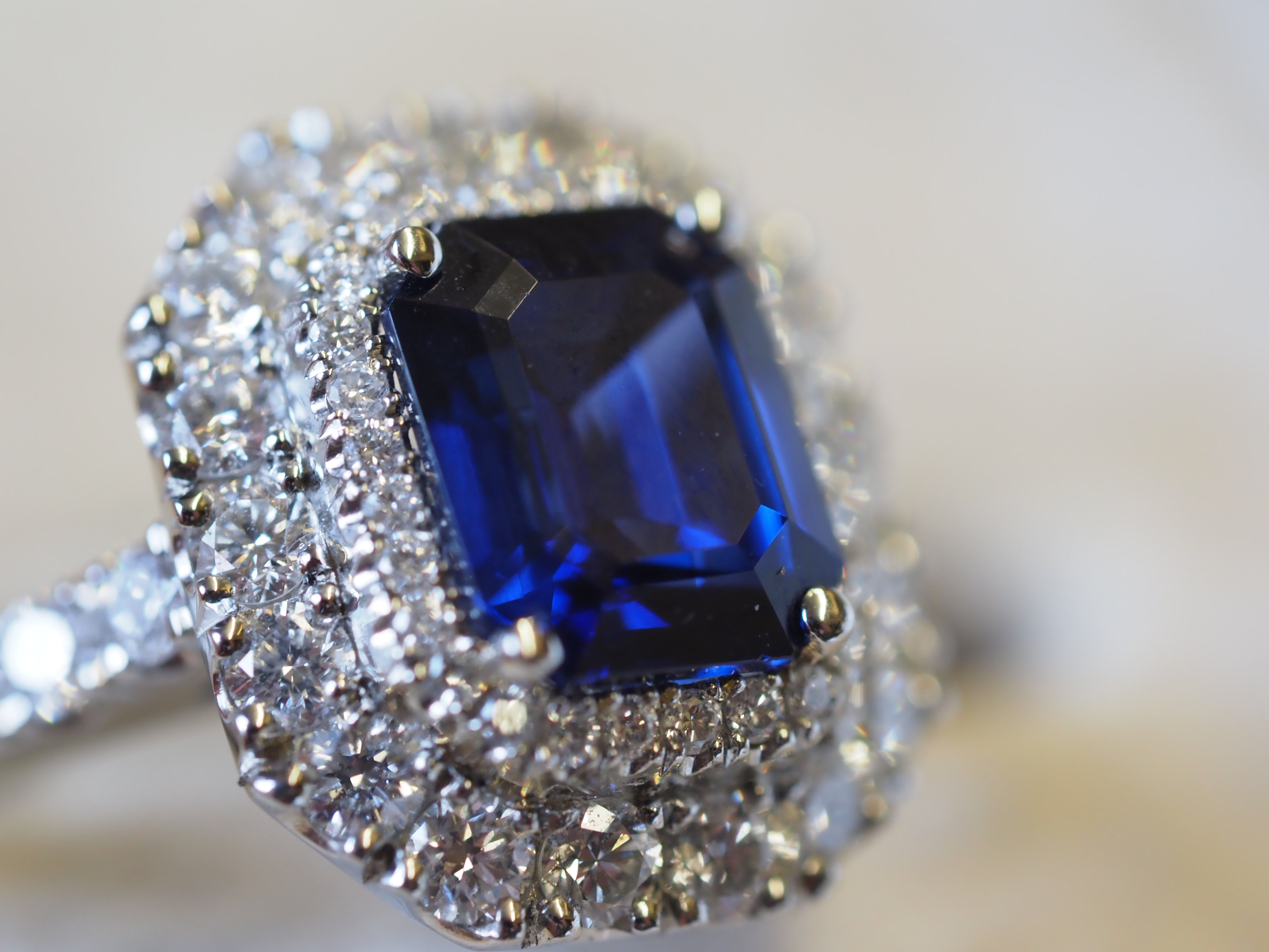 Ogden of Harrogate Jewellery Platinum Sapphire and Diamond Double-Halo Ring