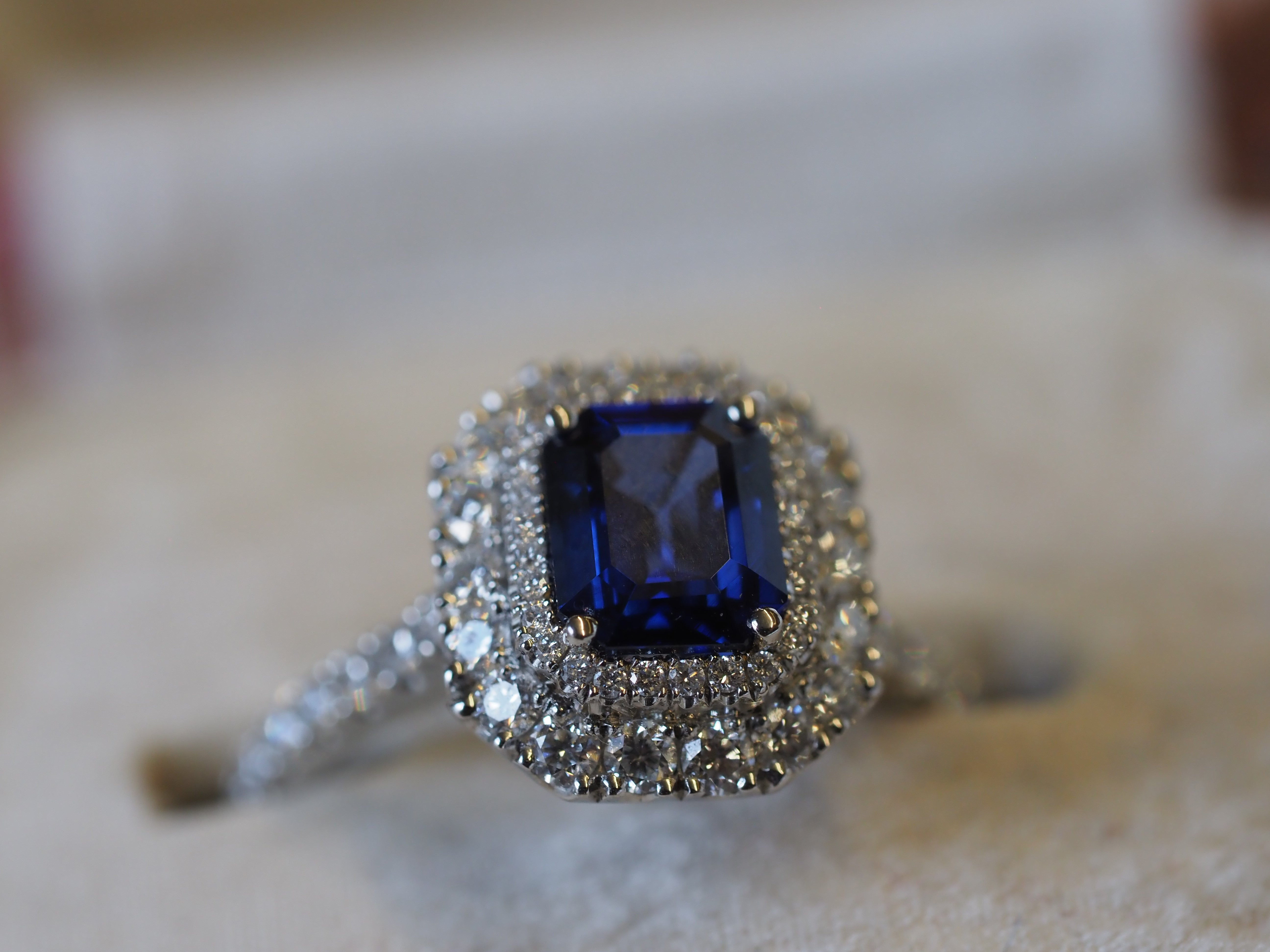 Ogden of Harrogate Jewellery Platinum Sapphire and Diamond Double-Halo Ring